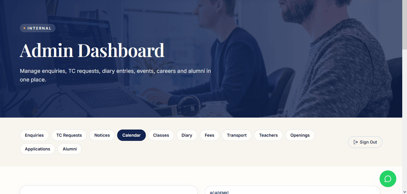 Online admission dashboard admin panel with applicant list, form builder, and payment analytics for Indian schools